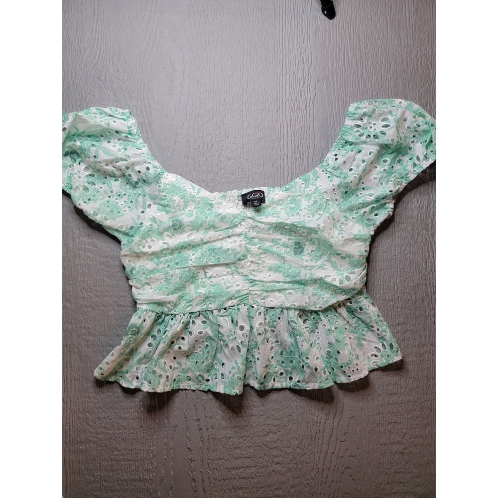 Gigio USA Mint Green Floral Eyelet Lace Smocked Peplum Crop Top Womens Medium